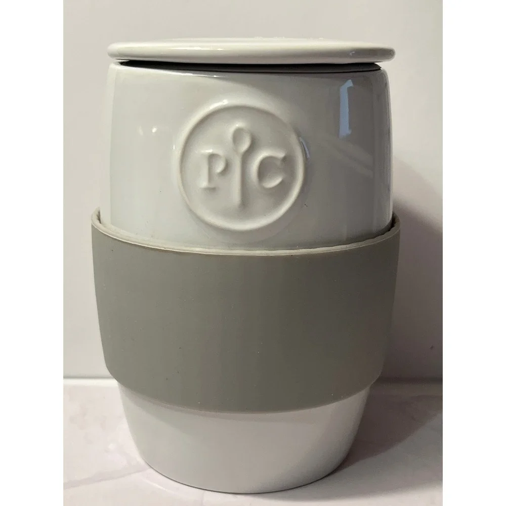Pampered Chef Ceramic Egg Cooker White Grey Silicone Sleeve‎ Microwave Safe